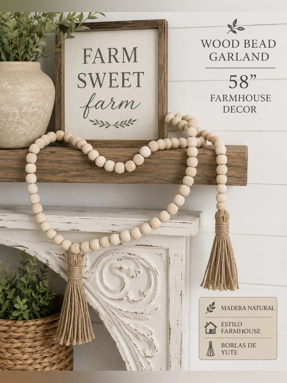 ⤵️🆕 1pc 58in Farmhouse Beads Wood Bead Garland With Tassels, Rustic Farmhouse